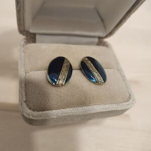 VTG Faberge Earrings Stud Gold Tone Enamel Shimmer Silver Glitter